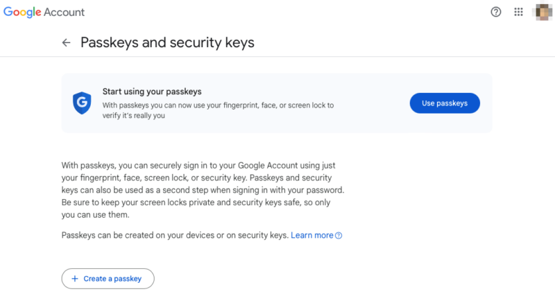 A screenshot showing the default screen for adding passkeys in a Google account.