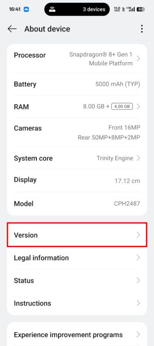Version In About Device