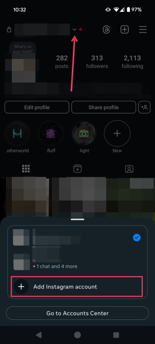 Selecting "Add Instagram account" option via Instagram profile page in mobile app. 