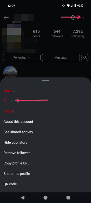 Selecting "Block" option in Instagram app. 