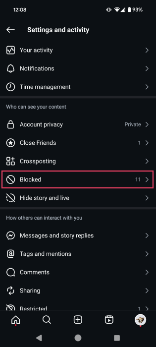 Tapping on "Blocked" option in Instagram Settings via the app. 