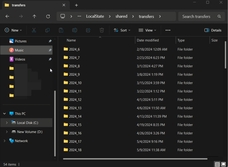 WhatsApp files folder view on Windows PC.