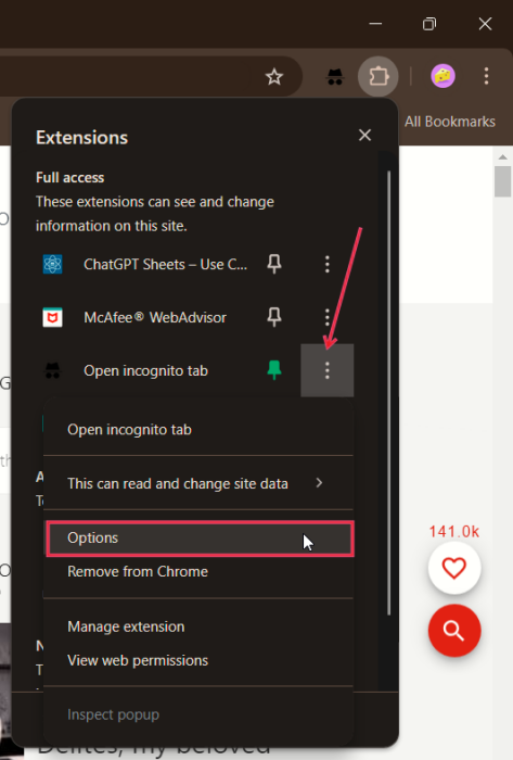 Pressing Options button in Extensions menu in Chrome on PC. 