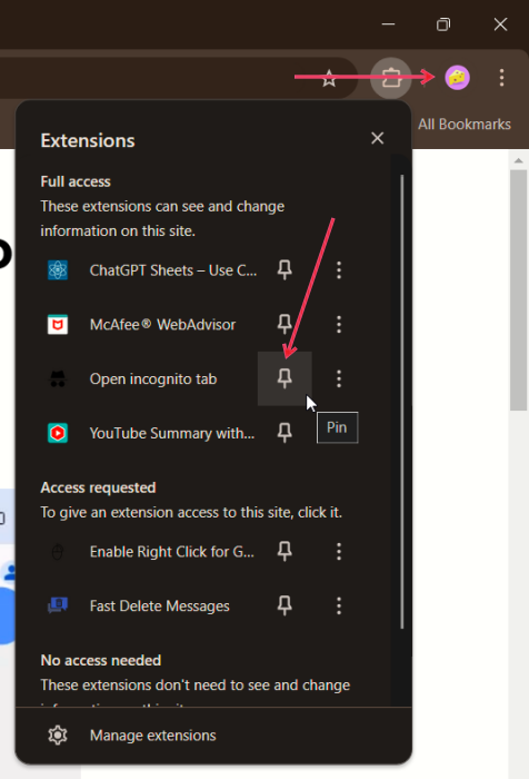 Pinning extension in Chrome browser on PC. 