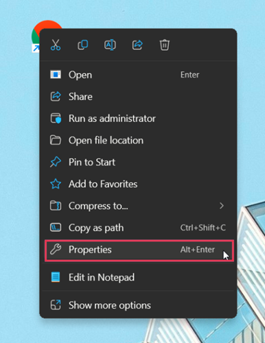 Accessing Properties from context menu on Windows PC. 
