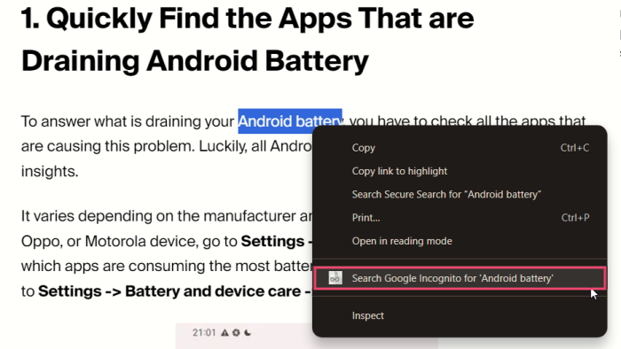 Clicking on option to search for term in Incognito in Chrome. 