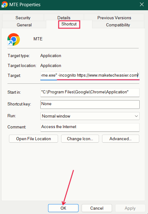 Adding code in Chrome shortcut target field on Windows PC. 