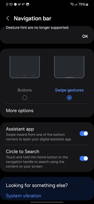 Turning on swipe gestures on Samsung.