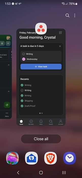 Viewing recently opened apps.