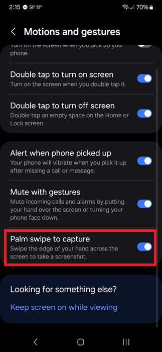 Turning on Palm swipe to capture gesture.