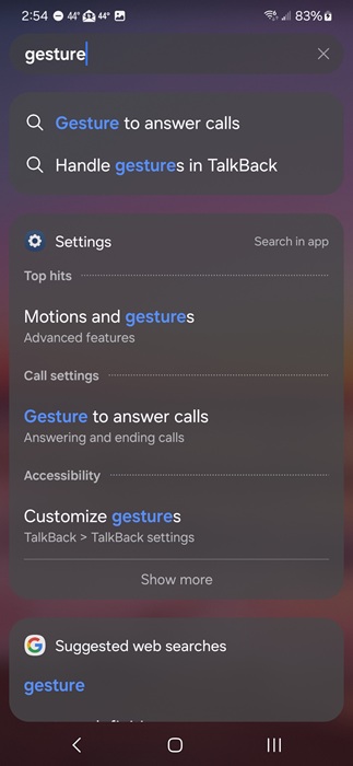 Searching for gesture using the swipe to search gesture.