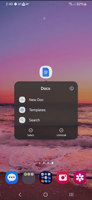 Opening a new document in Google Docs using app shortcuts.