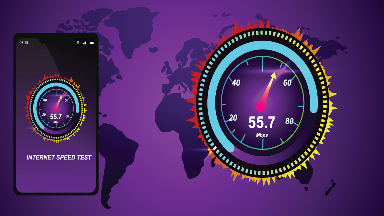 Purple world map with internet speed meters