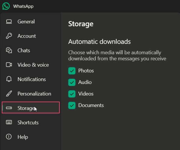 Going to the Storage option in WhatsApp on desktop.