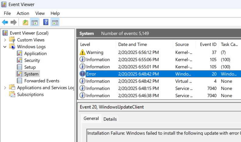 Windows Event Viewer showing error details