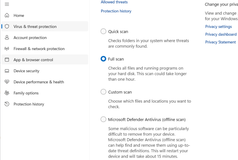 Windows Security list of scans