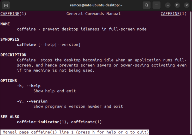 A terminal showing the man page for the Caffeine utility.