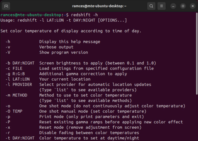 A terminal showing the Redshift utility working properly in Ubuntu.