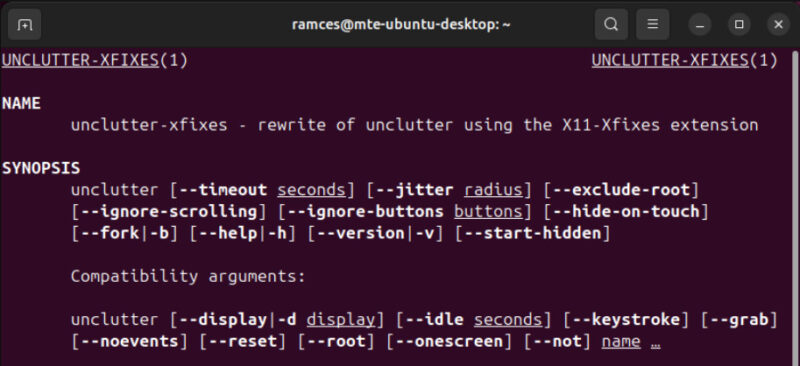 A terminal showing the man page for the Unclutter utility.