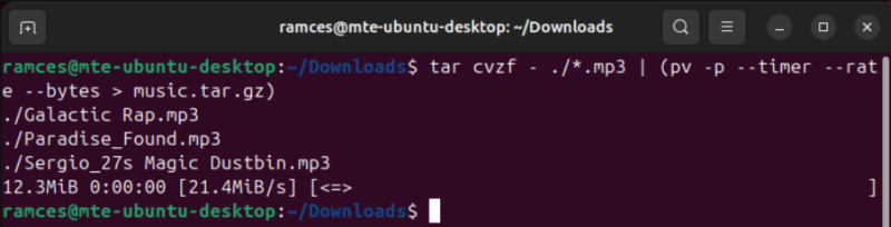 A terminal showing Pv measuring the speed of the Tar compression command.
