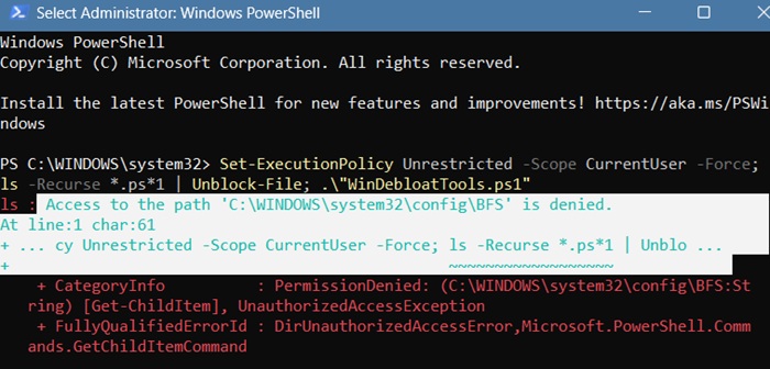"Access denied" error while running a debloat script in PowerShell.