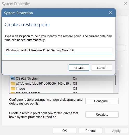 Creating a restore point after using Windows debloat script.