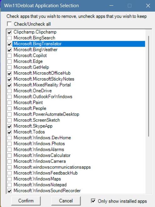 List of installed apps to be removed while using Win11Debloat