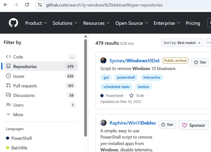 Search results on GitHub leading to many debloat scripts to be used for Windows.