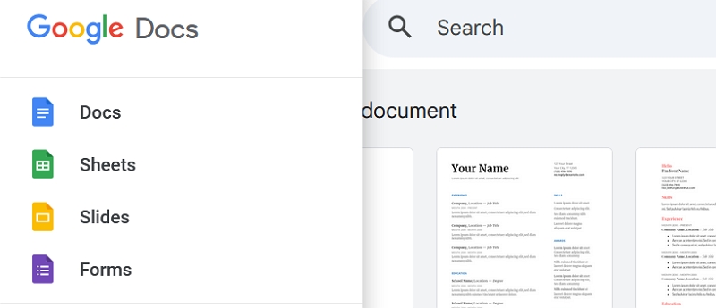Google Docs with options to open Docs, Sheets, Slides, and Forms