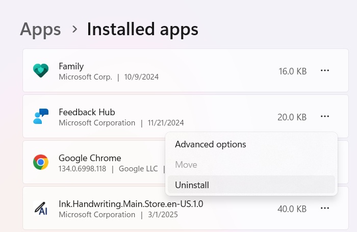 Directly uninstalling an UWP app, Feedback Hub which was not possible before.