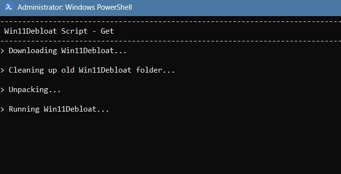 Running a Windows 11 Debloat script called Win11Debloat in PowerShell.