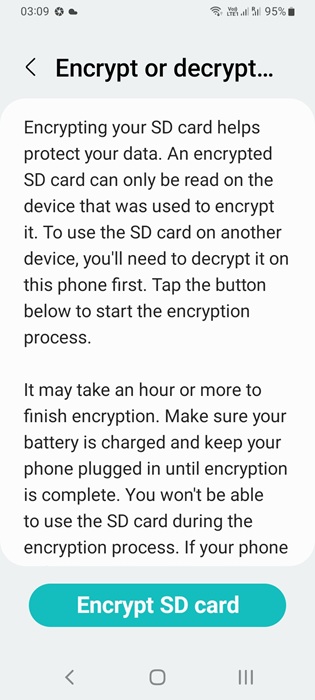 Encrypt SD card option available on Android.
