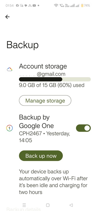Google One's "Back up now" phone option with account storage details.