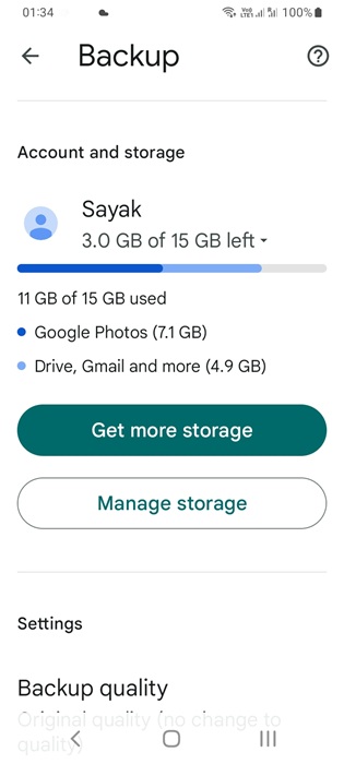 Google Photos Backup on an Android device showing Backup quality.