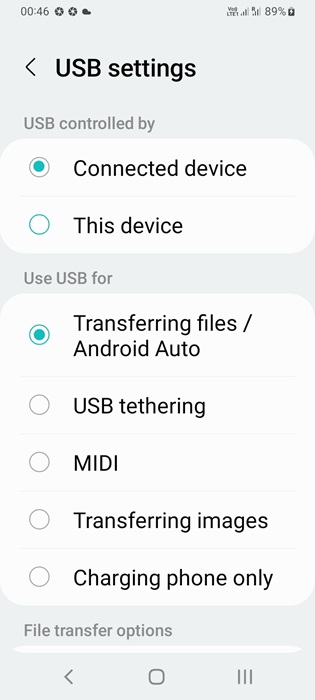 USB settings on Android including "connected device" and "Transferring files."