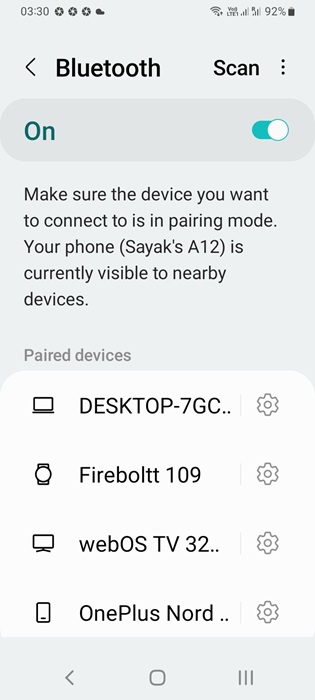 A list of all Bluetooth paired devices visible on an Android's Bluetooth settings.