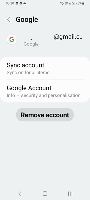 The option to remove a Google account from an Android device.
