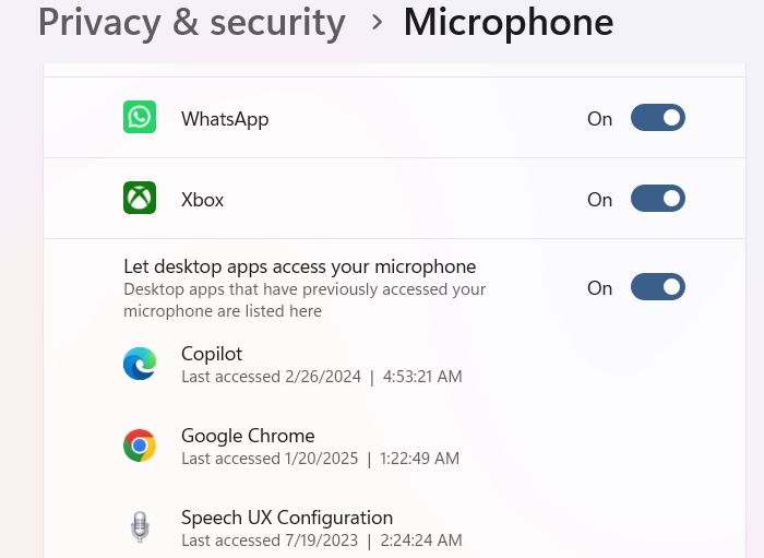"Let Desktop Apps Access Microphone" in Windows with Speech UX Configuration accessed.