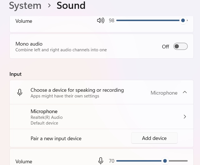 "Pair a new input device" option for Windows microphone.