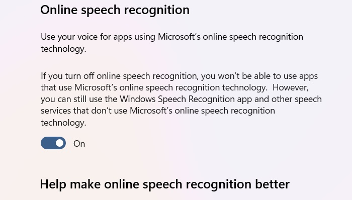 Online Speech Recognituon toggle enabled in Windows 11.
