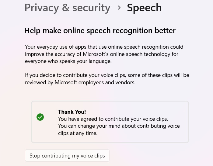 Start Contributing Voice Clips button underneath Online speech recognition.
