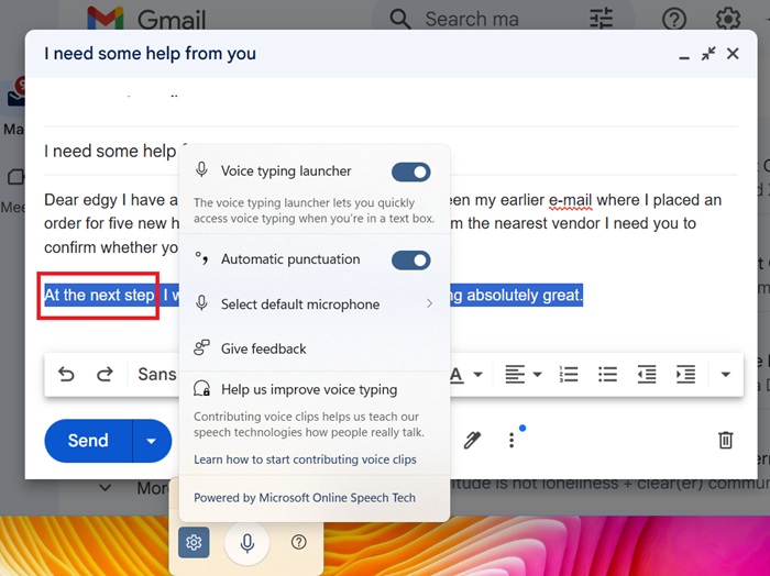 Comma inserted using "automatic punctuation" feature in voice.