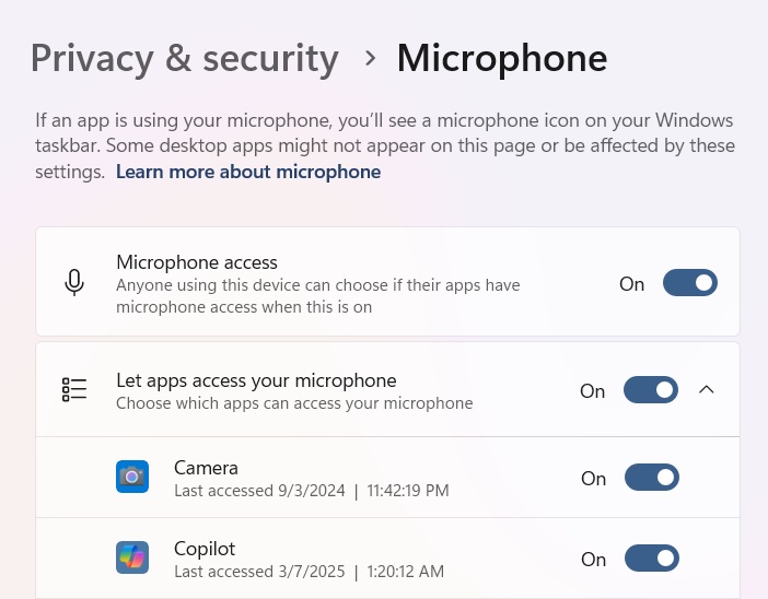 "Privacy & security" settings for Microphone enabled in Windows 11.