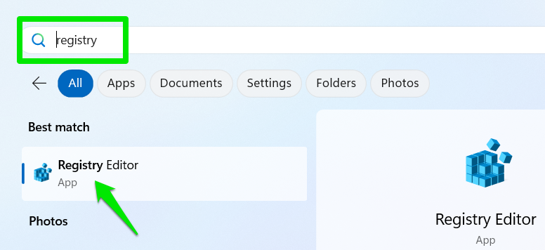 Windows Registry in start menu