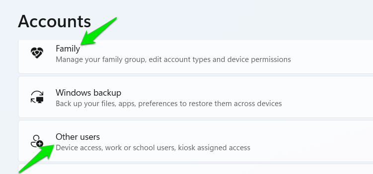 Accounts options in Windows 11 Settings