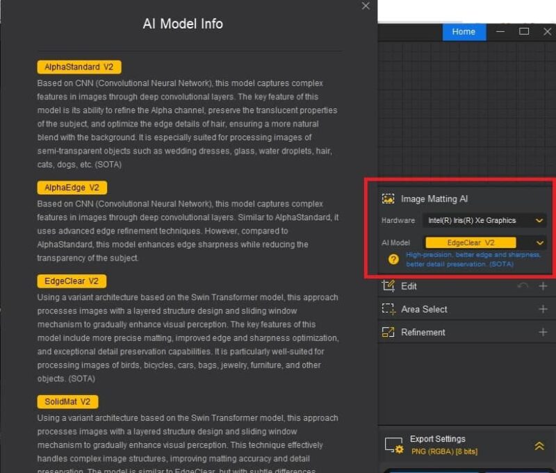 Selecting AI model in Aiarty.
