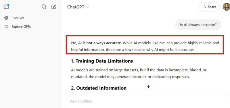 Asking ChatGPT if AI tools are always accurate.
