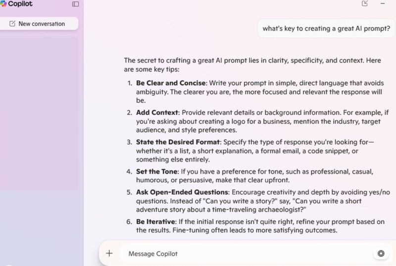 Asking Copilot for tips on AI writing prompts.
