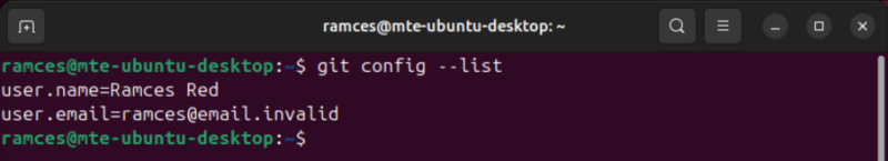 A terminal showing the configured options in Git.