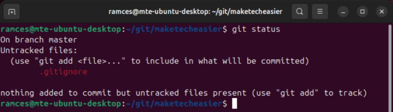 A terminal showing the output of the Git status subcommand for gitignore.